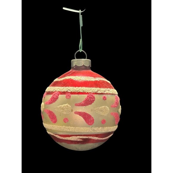 Vtg Red Shiny Brite Hand Painted w Pink White Glitter Glass Christmas Ornament - Picture 2 of 8